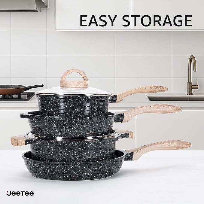 JEETEE 24Pcs Ceramic Cookware Set Gray Pots and Pans Set Non Stick Kitchen Healthy Non Toxic Induction Cookware Sets W/Saucepans Sauté Pan Griddle Crepe Pan &amp Pancake Rake (PFASPFOA Free)