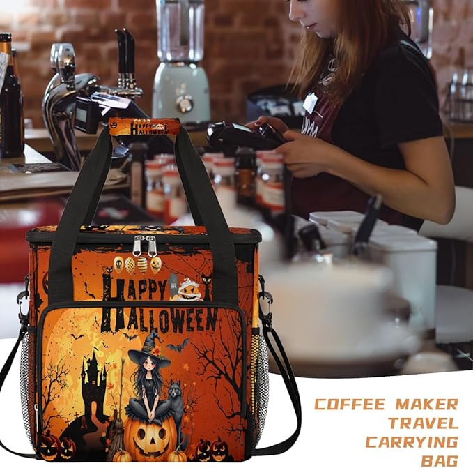 Witch Pumpkin Bats Moon Halloween Coffee Maker Carring Bag Travel Carrying Storage Tote Bag Compatible with Keurig K-Mini or K-Mini Plus Portable Single Serve Coffee Brewer Case with Pockets