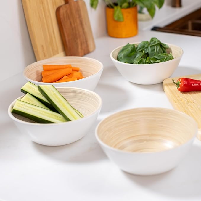 LEXA 8-Piece Handcrafted Bamboo Plate &amp Bowl Set Four 12” Serving Plates and Four 8” Bowls Spun Bamboo Dinnerware for Everyday Meals Entertaining &amp Home Décor (White)