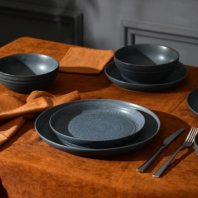 Stone Lain Elio 12-Piece Dinnerware Set Stoneware Plates and Bowls Set Dish Set for 4 Blue