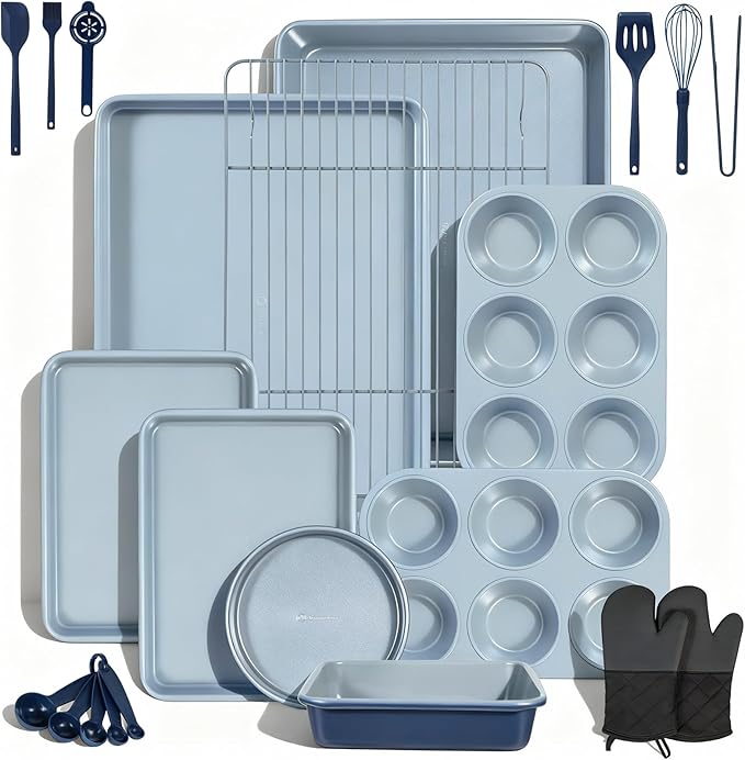 Ammeloo 21pcs Ceramic Pots and Pans Set Non Stick with Detachable Handles and Egg Frying Pan &amp 22-Piece Baking Pans Set Stackable Bakeware