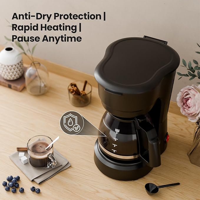 Kismile 5 Cup Coffee Maker 0.75L Small Drip Coffee Machine with Anti-Drip Design Dry Burn Protection Removable Filter Funnel Easy Mechanical Switch Black