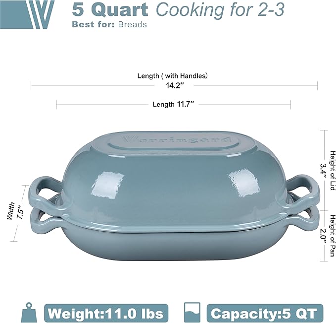 Enameled Cast Iron Sourdough Bread Oven Dutch Oven Loaf Cast Iron Bread Pan for Homemade Bread Baking Meatloaf Pan with Lid 5QT Sea Salt