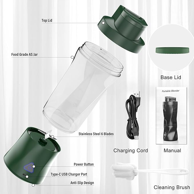 Portable Blender 360W Personal Blender for Shakes and Smoothies for Kitchen 24 Oz BPA Free Traveling Juicer Cup and Lid with 6 Blades Self Cleaning Portable Juicer for Kitchen/Travel/Gym Green