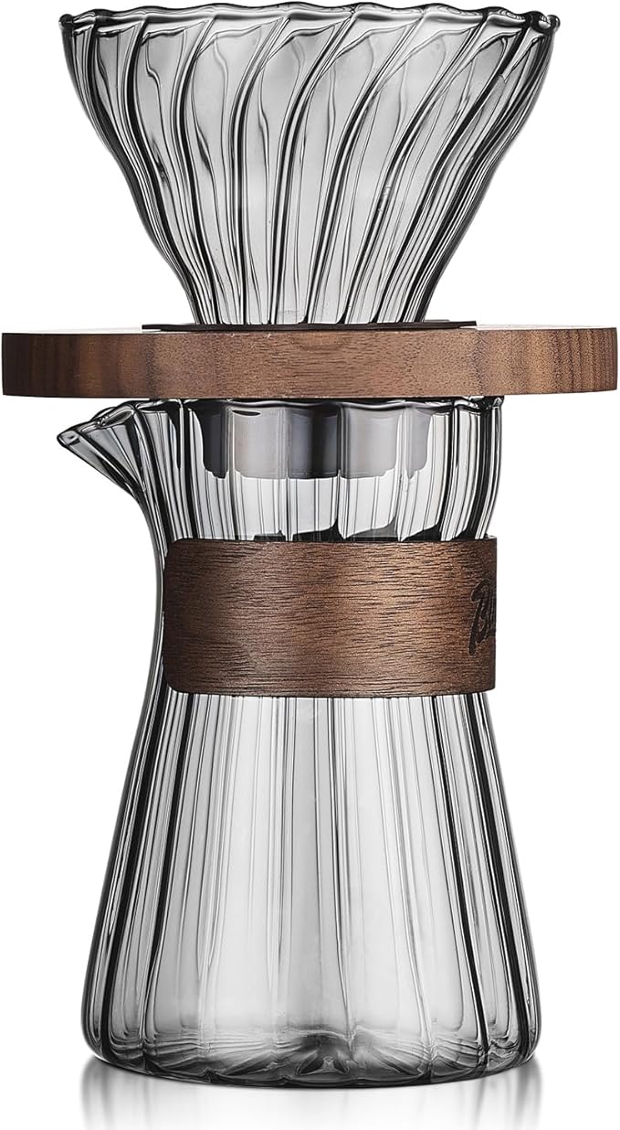 Bincoo Pour Over Coffee Maker Set - 500ML Glass Coffee Server Coffee Carafe with Walnut Dripper and 50PCS Paper Filter Drip Coffee Maker Set for Home Café Restaurant