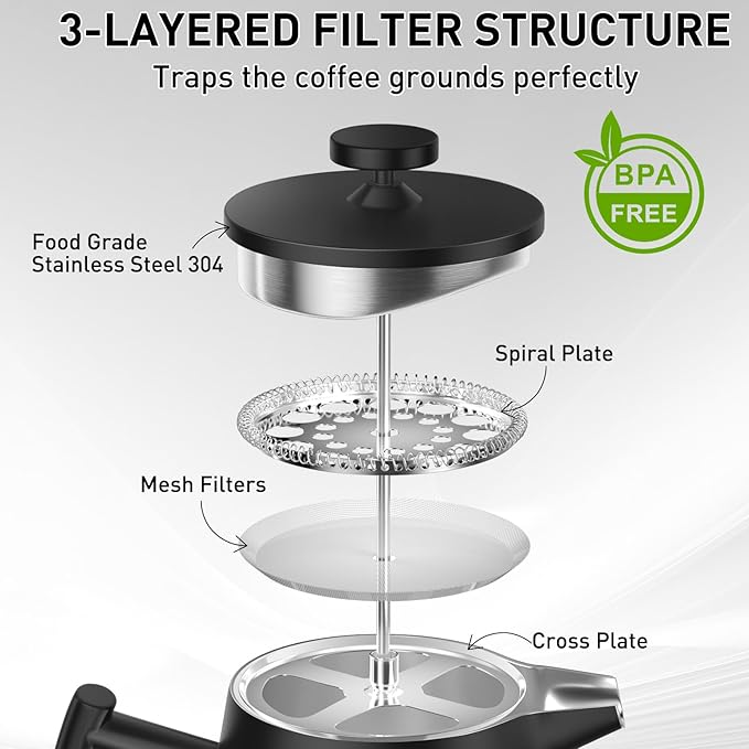 Secura 50oz French Press Coffee Maker – 304 Stainless Steel Insulated Coffee Press with Extra Filter Black