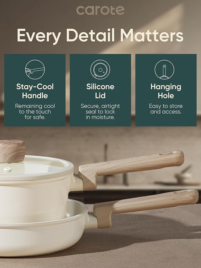 CAROTE 16pcs Ceramic Cookware Sets Pots and Pans Set Non Stick Healthy Cookware Set Induction Kitchen Pots and Pans PFAS/PFOA Free