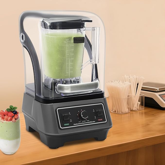 1600w Professional Blender Commercial Smoothie Blender With Full Soundproof Shield Adjustable Speed Perfect For Crushing Ice Milkshakes Puree 2L/67.63oz Capacity