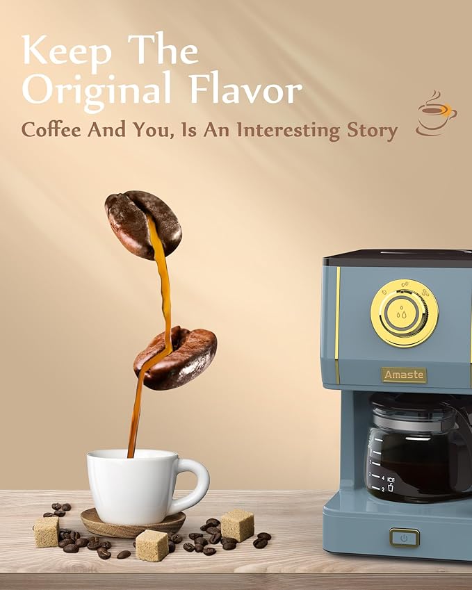 Amaste Coffee Maker 5 Cup Coffee Pot with Three Brewing Modes Retro Coffee Maker with Glass Carafe &amp Reusable Coffee Filter Drip Coffee Maker Ideal for Home or Office Warming Plate Ash Blue