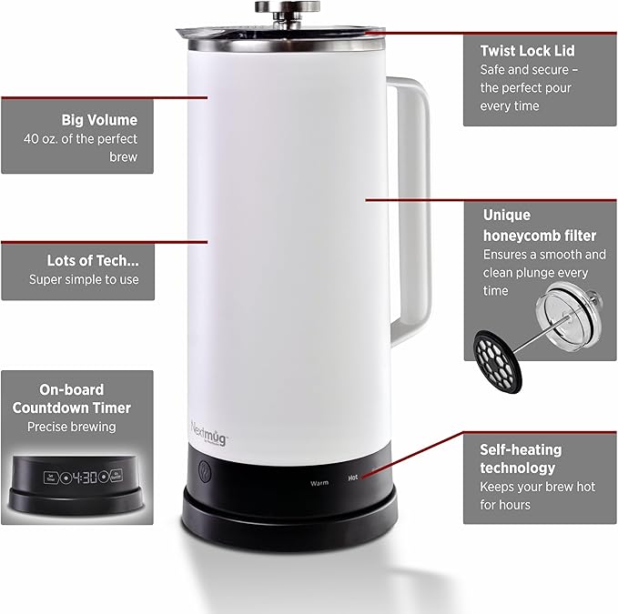 Nextmug Press - Temperature-Controlled Self-Heating French Press (White - 40 oz.)