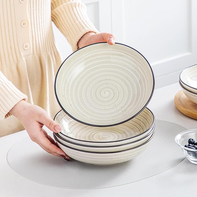 vancasso Bonbon Pasta Bowls Set of 6 38 Oz Ceramic Salad Bowls Wide and Shallow Bowls Set Large Serving Bowls for Kitchen Beige