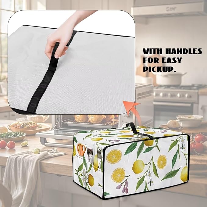 Heat-Resistant Toaster Oven Cover Faux Linen Polyester Appliances Dust Cover for Convection Toaster Oven Air Fryer with Top Handle Side Pockets Fruit Lemon