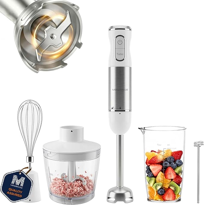 MEGAWISE 5-in-1 Immersion Hand Blender 1100W Powerful Stick Blender with Whisk Chopper Milk Frother &amp Beaker Variable Speed &amp Turbo Stainless Steel Blades for Smoothies &amp Baby Food (W