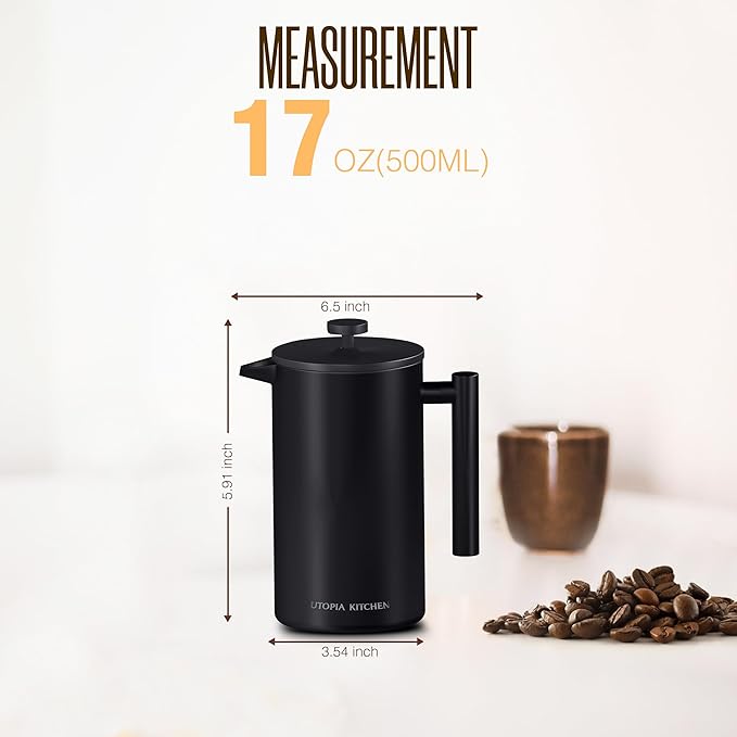 Utopia Kitchen 304 Grade Stainless Steel French Press Coffee Maker 17 Oz Double Wall Insulated Coffee Press with 4-Level Filtration system Include 2 Extra Filters Rust-Free Dishwasher Safe Black