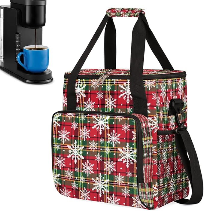 Christmas Snowflake Plaid Green Coffee Maker Carring Bag Travel Carrying Storage Tote Bag Compatible with Keurig K-Mini or K-Mini Plus Portable Single Serve Coffee Brewer Case with Pockets
