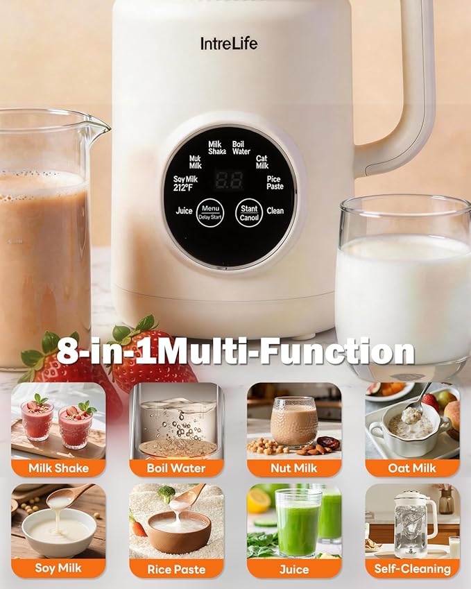 34 oz Nut Milk Maker Machine 8 in 1 Soy Milk Maker with Nut Milk Bag Plant Based Milk Maker for Almond Oat with Delay Start/Keep Warm/Self Cleaning Cream