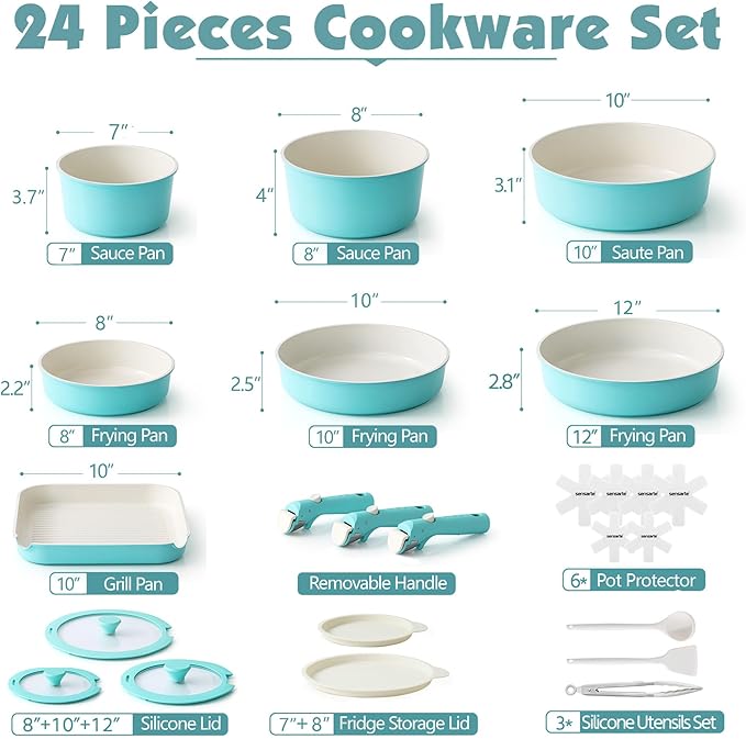 SENSARTE 24 Piece Ceramic Pots and Pans Set Nonstick Detachable Handle Cookware Induction Cookware Set with Removable Handle Healthy Non Stick for RV Dishwasher＆Oven Safe PFOA Free (Turquoise)