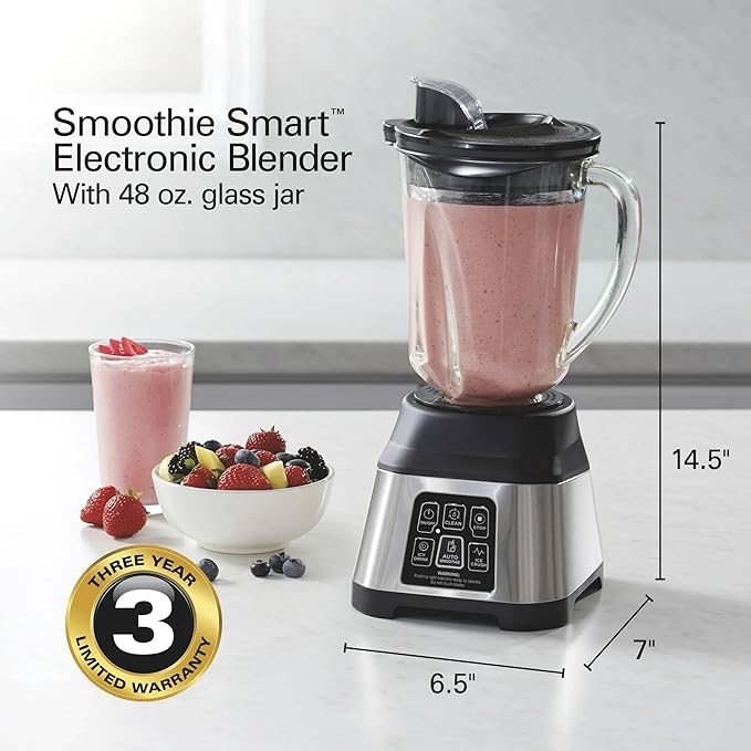 Electronic Countertop Blender with Auto Smoothie Program 48 oz Glass Jar 850W Peak Power Multi-Function Touch Controls