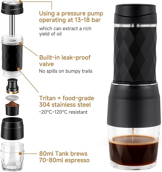 Portable Coffee Maker Lightweight Manual Portable Espresso Machine with 13-18 Bar Pressure Fit for Office Camping Travel Black