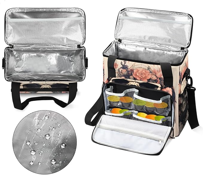 Skull Flowers Coffee Maker Carrying Bag Portable Travel Storage Tote Bag Compatible with K-Mini or K-Mini Plus Single Serve Coffee Brewer Carrying Case with Multiple Pockets &amp Shoulder Strap