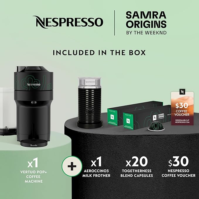 Nespresso Vertuo Pop+ Coffee and Espresso Maker by Breville Samra Origins by The Weeknd Aeroccino3 Milk Frother and Togetherness Blend Double Espresso Light Roast 20-Count Coffee Pods