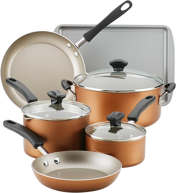 Farberware Cookstart DiamondMax Nonstick Cookware/Pots and Pans Set Dishwasher Safe Includes Baking Pan and Cooking Tools 15 Piece - Copper
