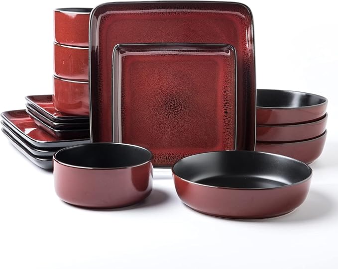 FLACKAR Square Stoneware 16pc Double Bowl Dinnerware Set for 4 Dinner Plates Side Plates Cereal Bowls Pasta Bowls - Reactive Glaze Red (480349)