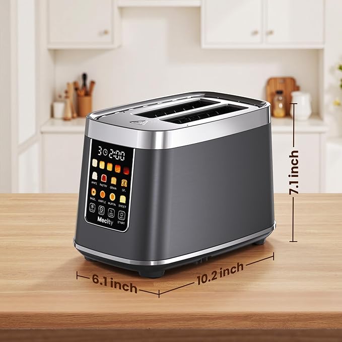 Mecity 2 Slice Toaster with Touch Screen &amp Auto Lift Stainless Steel Cool-Touch Toaster with 8 Bread Settings 5 Shade Levels 1200W High Power Keep Warm &amp Reheat Function Metallic Grey 12