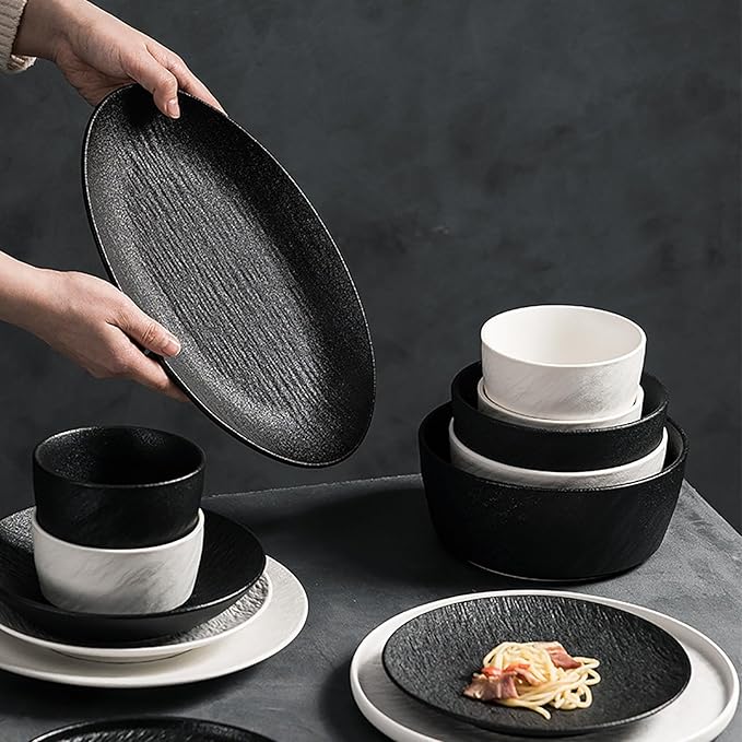 28/30 Pieces Dish Sets for 6 Black and White Serving Plates and Bowls Sets Frosted Texture Dinnerware Set Hard and Durability Scratch Resistant Dishware Set Dishwasher &amp Microwave &amp Oven Safe(