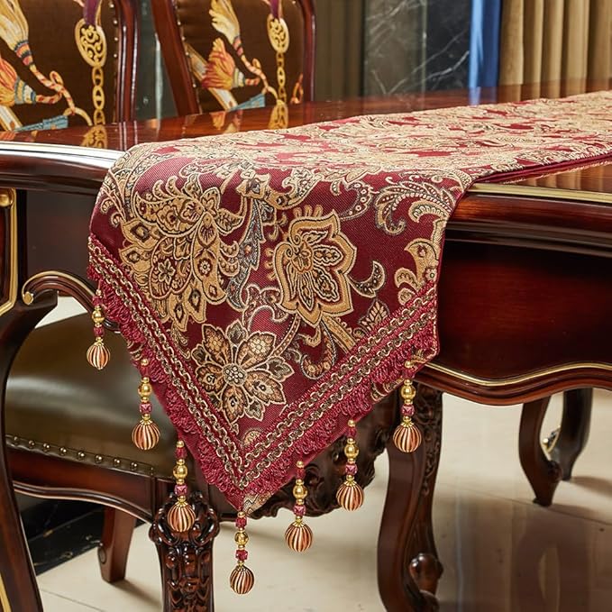 Luxury Vintage Table Runner 120 inches Long Embroidery Jacquard Fabric with Multi-Tassels Table Runners for Dining Room Dresser Wedding Christmas Thanksgiving Party Decorations (Red 12X120inch)