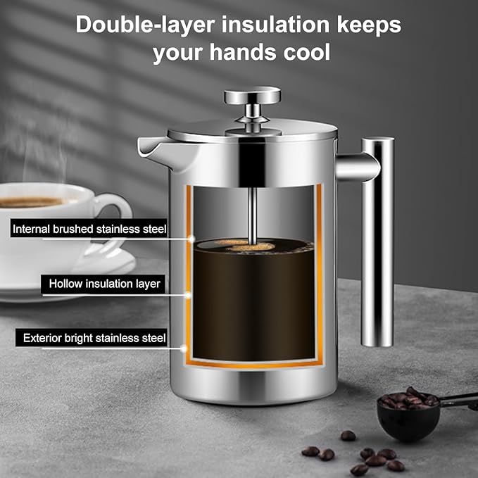 Enfmay 1000ml French Press Coffee Maker 304 Stainless Steel Double Wall Insulated Coffee Maker Pot Triple Filtration System for Optimal Brew Coffee Tea Maker for Home Office Camping