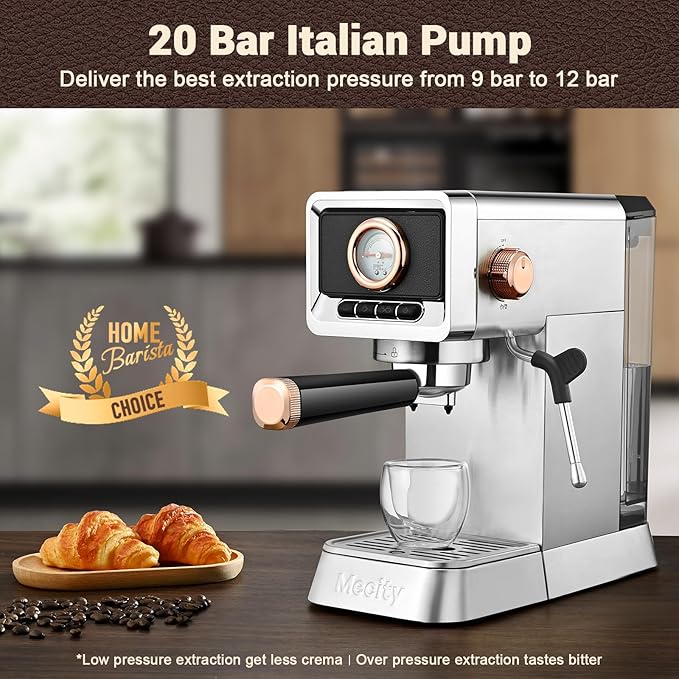 Mecity 20 Bar Espresso Machine with Milk Frother Brushed Stainless Steel Shell 37 fl.Oz Water Reservoir Coffee Maker For Espresso Latte Mocha Americano. 1400W