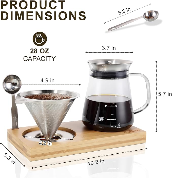 Aquach Pour Over Coffee Maker Set with Extra Large Coffee Dripper 28 oz Glass Carafe Stainlesss Steel Coffee Scoop and Bamboo Storage Tray Unique Set for Home or Office