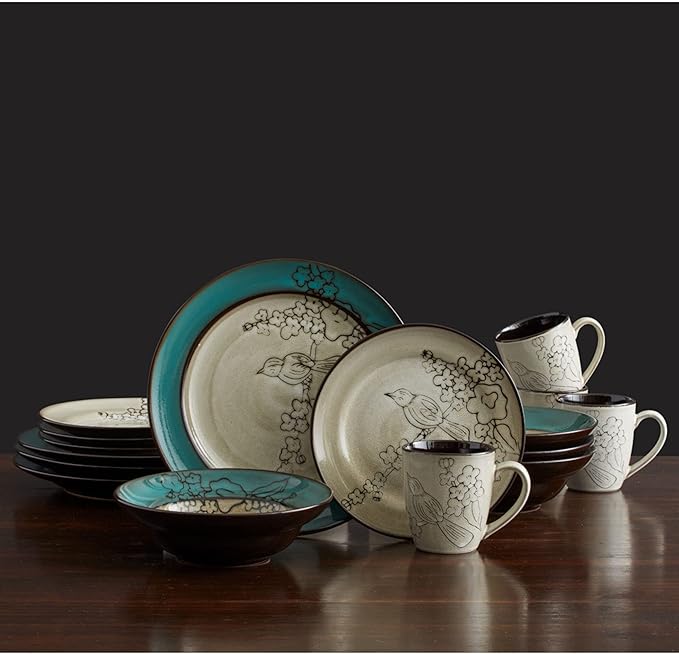 Gourmet Basics by Mikasa Song Bird Dinnerware Set 16 Piece Green Gray