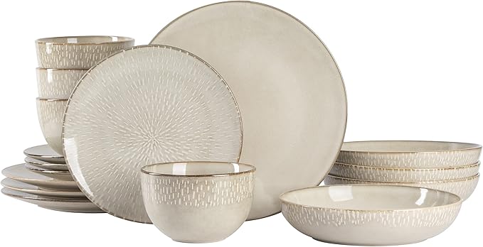 Gibson Elite Matisse 16-Piece Double Bowl Dinnerware Set – Service for 4 Taupe Stoneware Plates and Bowls
