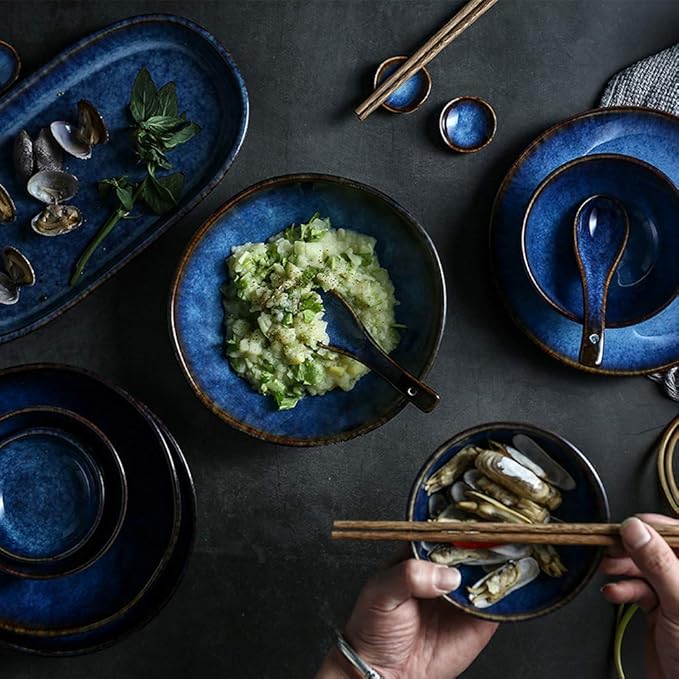 Ceramics Dinnerware Set Cat's Eye Blue 32 Pieces Porcelain Dinner Set/Vintage Plates and Bowls Sets for Restaurant &amp Microwave Safe