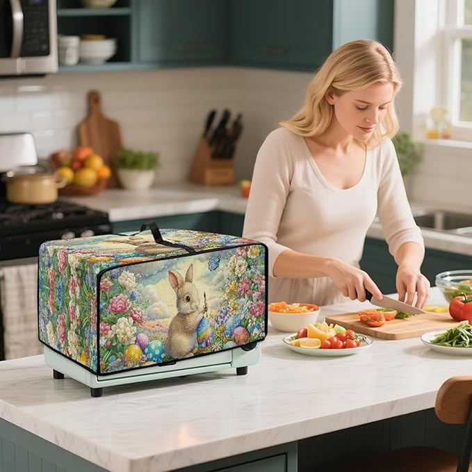 Bunny Flower Printed Toaster Cover Easter Egg Printed Heavy Duty Toaster Oven Dust Cover with Accessory Pockets Washable Kitchen Small Appliance Protector Easter Decor M