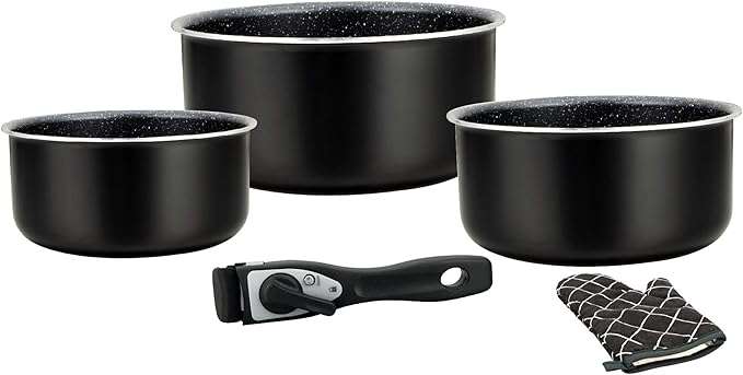 HG 8051 BLK Cookware Set Induction Saucepan and Pan Set for All Heat Sources - 5-Piece Kitchen Set with Marble Coating and Removable Handle - Black