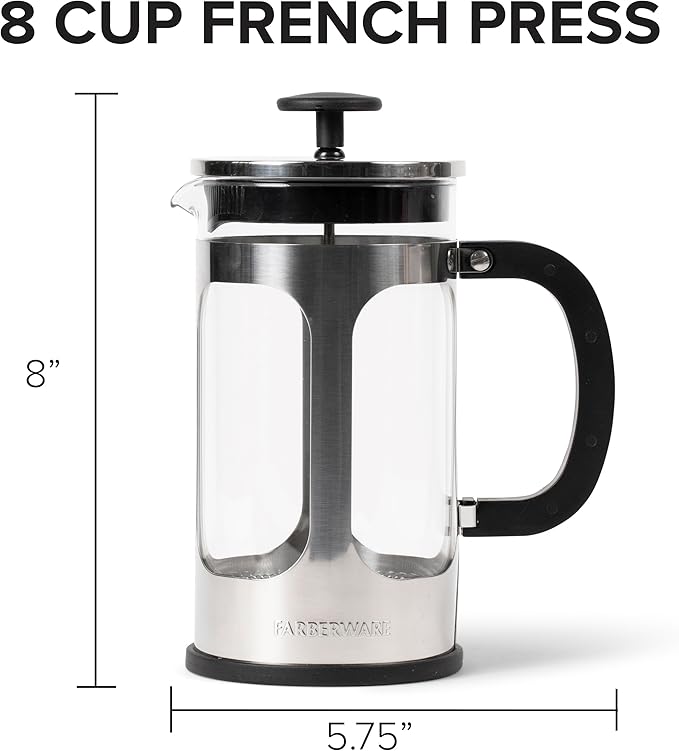 Farberware French Press Coffee Maker Tea &amp Espresso Maker Stainless Steel Cold Brew Press Heat-Resistant Borosilicate Glass BPA-Free Measuring Spoon Included 8 Cup Capacity (Stainless)