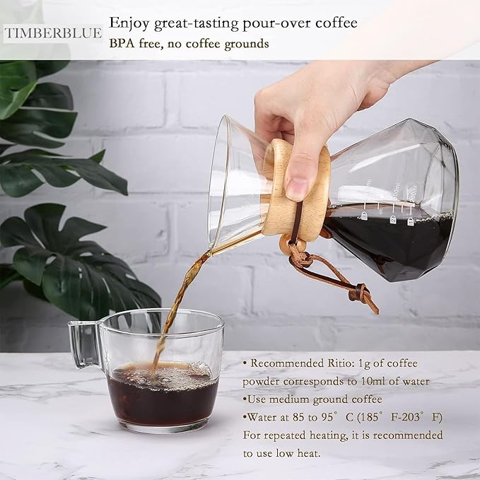 Pour Over Coffee Maker with Reusable Stainless Steel Filter Borosilicate Glass Coffee Jug Wood Collar Coffee Infuser Holds 2 Cups 13.5oz/400ml Clear