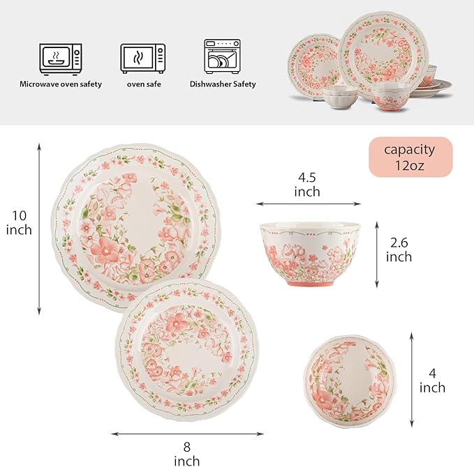 8 Piece Dinnerware Sets for 2 Scratch Resistantmicrowave oven and Dishwasher Safe Plates and Bowls Sets Ceramic Dish Set Bowl and Plate Set -Pink peach blossom pattern