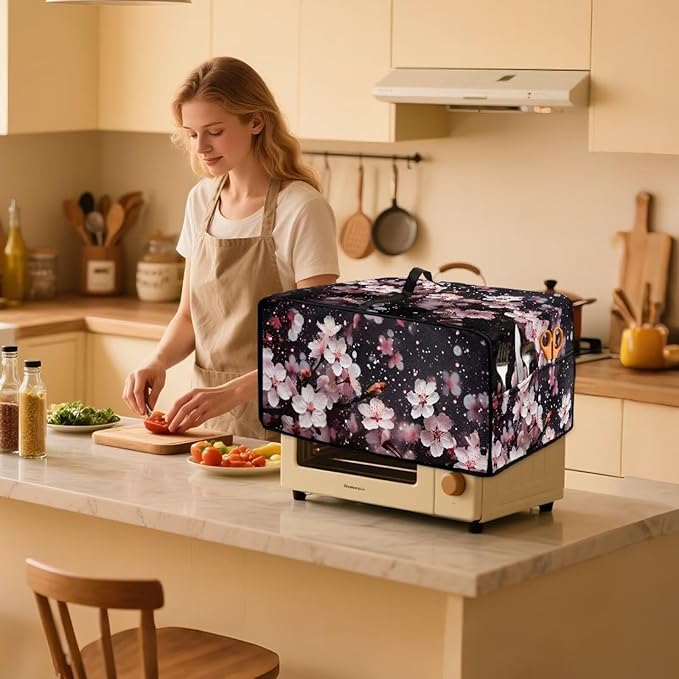 Doojoayie Small Appliance Cover 6 Slice Toaster Dust Protection Cover 19.7x16x 10 Bread Machine Protector Cherry Blossom Print Gift for Mother Wife Women Cook
