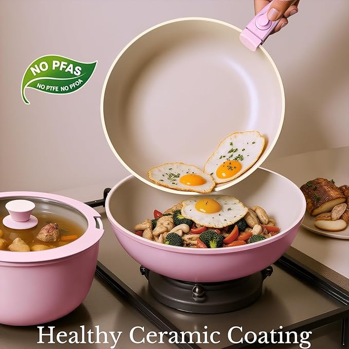 Pots and Pans Set Non Stick Ceramic Cookware Set Detachable Handle RV Camping Kitchen Cooking Set Removable Handles Dishwasher/Oven/Fridge Safe Induction Space SavingPINK