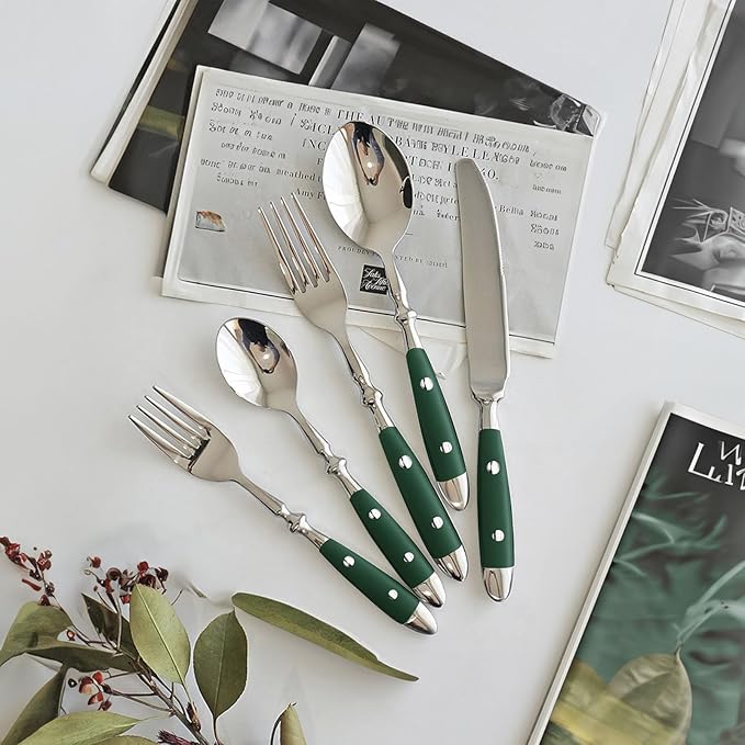 Silverware Set For 8 with Two Rivets Vintage 40-Piece Everyday Flatware Set with Green Bakelite Handle Stainless Steel Cutlery Set Dishwasher Safe Knives Spoons and Forks Set