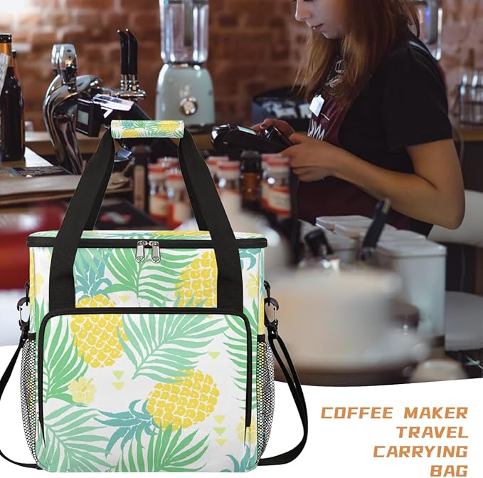 Pineapple Palm Leaves Summer Coffee Maker Carring Bag Travel Carrying Storage Tote Bag Compatible with Keurig K-Mini or K-Mini Plus Portable Single Serve Coffee Brewer Case with Pockets
