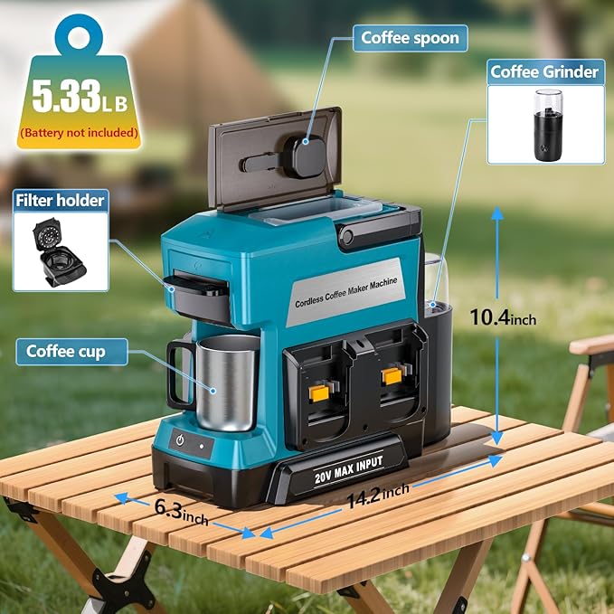 Taingwei Cordless Coffee Maker for Makita 18V Battery Portable Drip Coffee Maker with Electric Coffee Grinder for RV Camping Travel Car Hiking (Battery Not Included)