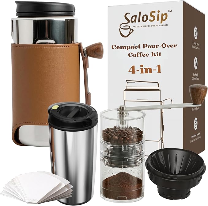 4-in-1 Portable Manual Pour Over Coffee Maker with Grinder – Travel &amp Camping Pour Over Set – All-in-One Portable Coffee Brewer Kit with Stainless Steel Kettle Thermal Mug &amp Dripper
