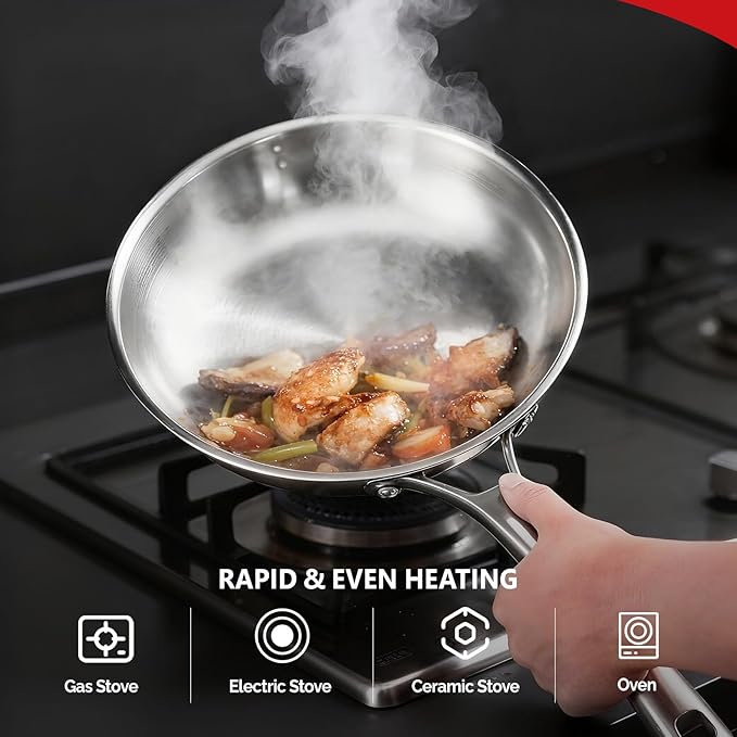 ROVSUN 8-10-12 Inch Stainless Steel Cookware Set 3 pcs Tri-Ply Skillets Set Full Clad Stainless Steel Chef's Pan PFOA &amp PTFE Free Skillets Compatible for All Cooktops Dishwasher &amp Oven Sa