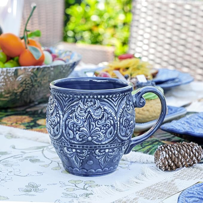 Sungmor Embossed Stoneware Fine Dining Dinnerware Antique Baroque Style Porcelain Coffee Mugs Set of 2 18oz Large Water Cups with Handles Sophisticated Rustic Ceramic Mugs for Tea Milk or Beer