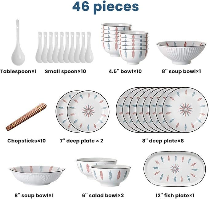 Ceramics Dinnerware Set Vertical Lines Cereal Bowl and Steak Plate | 46 Pieces Japanese Style Hand-Painted Porcelain Dinner Sets for Restaurant